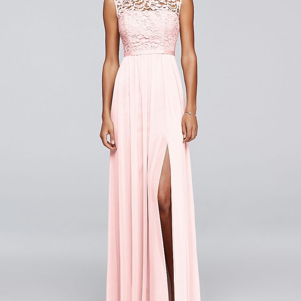 David’s Bridal Long Bridesmaid Dress with Lace.